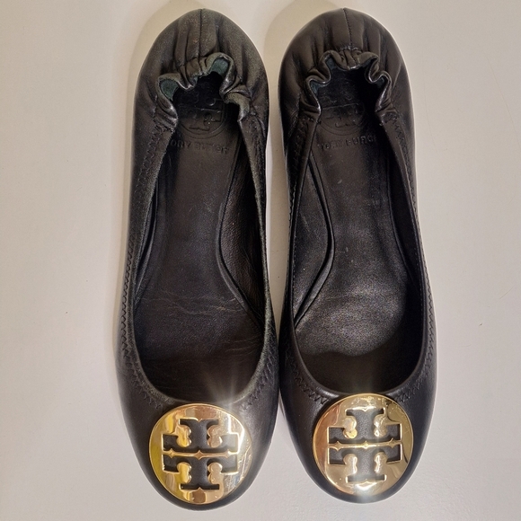 Tory Burch Minnie travel leather scrunch back gold ballet flats Suze 6.5 - Picture 2 of 9